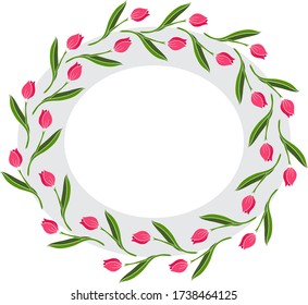 grey oval frame with pink Tulip decoration, print, decor for greeting card, banner, poster, invitation, gift, for Valentine's day, mother's day, wedding day, spring and summer season