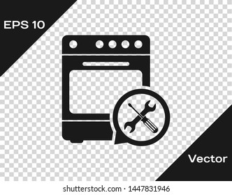 Grey Oven with screwdriver and wrench icon isolated on transparent background. Adjusting, service, setting, maintenance, repair, fixing.  Vector Illustration