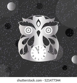 Grey owl and clock with snow sign pattern on black-grey background. Fashion graphic design. Modern winter and fall style. Template for prints,  decoration.