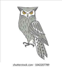 grey owl with orange eyes