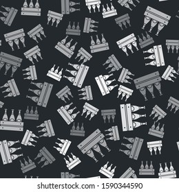 Grey Pack of beer bottles icon isolated seamless pattern on black background. Wooden box and beer bottles. Case crate beer box sign.  Vector Illustration