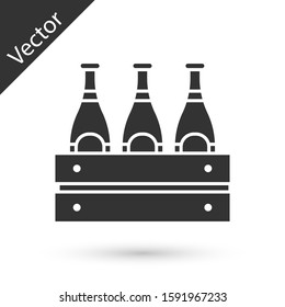 Grey Pack of beer bottles icon isolated on white background. Wooden box and beer bottles. Case crate beer box sign.  Vector Illustration