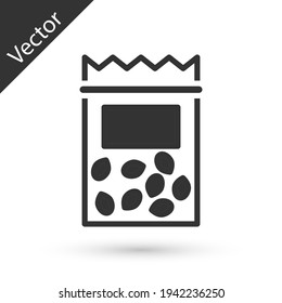 Envase gris lleno de semillas de un ícono específico de planta aislado en fondo blanco. Vector