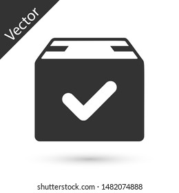 Grey Package box with check mark icon isolated on white background. Parcel box with checkmark. Approved delivery or successful package receipt.  Vector Illustration