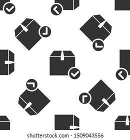 Grey Package box with check mark icon isolated seamless pattern on white background. Parcel box with checkmark. Approved delivery or successful package receipt.  Vector Illustration