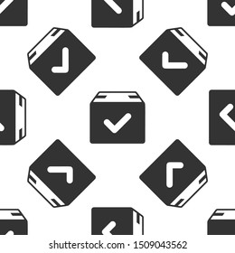 Grey Package box with check mark icon isolated seamless pattern on white background. Parcel box with checkmark. Approved delivery or successful package receipt.  Vector Illustration