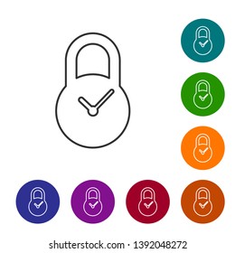 Grey Padlock with clock line icon isolated on white background. Time control concept. Lock and countdown, deadline, schedule, planning symbol. Set icon in color circle buttons. Vector Illustration