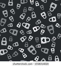 Grey Padlock with heart icon isolated seamless pattern on black background. Locked Heart. Love symbol and keyhole sign.  Vector Illustration