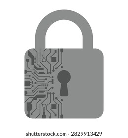 A grey padlock icon featuring a detailed printed circuit board pattern inside, symbolizing cybersecurity, encryption, and data protection for digital assets.