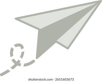 Grey Paper Airplane Icon with Dotted Flight Path. Simple Vector Illustration of a Flying Folded Paper Plane.