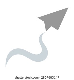 A grey paper airplane soars upwards with a wavy light trail on a white background symbolizing freedom and ascension