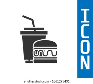Grey Paper glass with drinking straw and burger icon isolated on white background. Soda aqua drink sign. Hamburger, cheeseburger sandwich.  Vector