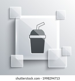 Grey Paper glass with drinking straw and water icon isolated on grey background. Soda drink glass. Fresh cold beverage symbol. Square glass panels. Vector