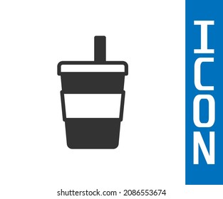 Grey Paper glass with drinking straw and water icon isolated on white background. Soda drink glass. Fresh cold beverage symbol.  Vector