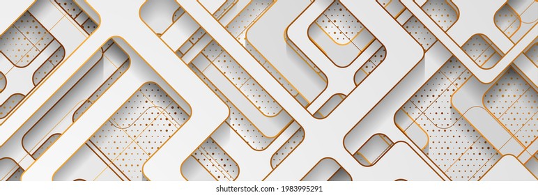 Grey papercut grid and golden shiny glitter dots abstract background. Geometric vector banner design