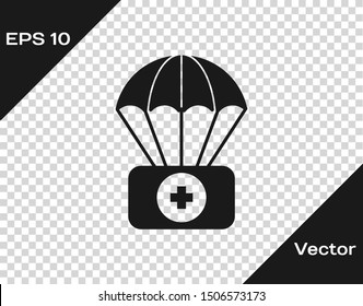 Grey Parachute with first aid kit icon isolated on transparent background. Medical insurance.  Vector Illustration
