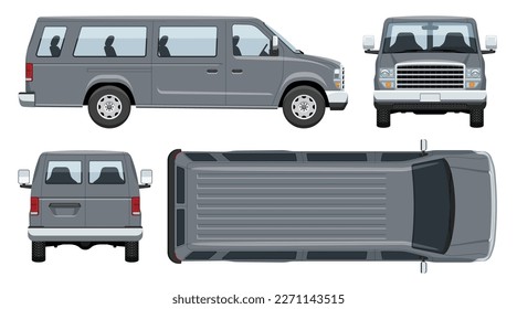 Grey passenger van vector template with simple colors without gradients and effects. View from side, front, back, and top