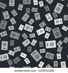 Grey Passport with biometric data icon isolated seamless pattern on black background. Identification Document.  Vector Illustration
