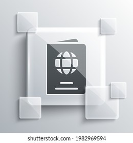 Grey Passport with biometric data icon isolated on grey background. Identification Document. Square glass panels. Vector