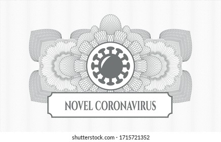 Grey passport emblem. Vector Illustration. Detailed with coronavirus icon and Novel Coronavirus text inside