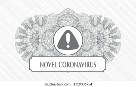 Grey passport emblem. Vector Illustration. Detailed with warning icon and Novel Coronavirus text inside