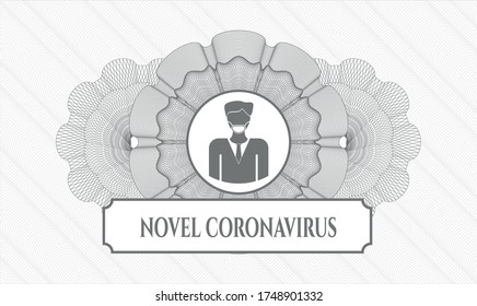 Grey passport emblem. Vector Illustration. Detailed with man wearing face mask icon and Novel Coronavirus text inside