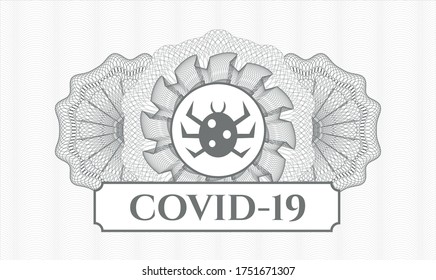 Grey passport emblem. Vector Illustration. Detailed with bug icon and COVID-19 text inside