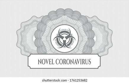 Grey passport emblem. Vector Illustration. Detailed with biohazard covid-19 icon and Novel Coronavirus text inside