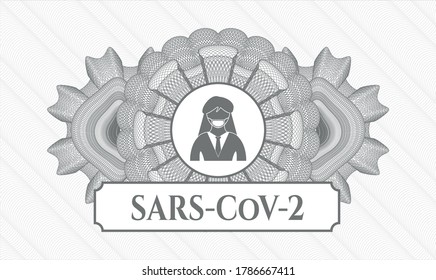 Grey passport emblem. Vector Illustration. Detailed with woman wearing face mask icon and SARS-CoV-2 text inside