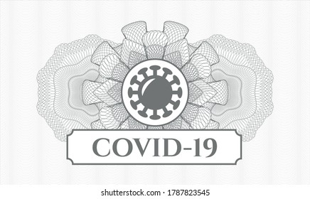 Grey passport emblem. Vector Illustration. Detailed with coronavirus icon and COVID-19 text inside