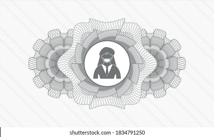 Emblema gris del pasaporte. Ilustración vectorial. Detallado con mujer usando un icono de máscara de cara dentro