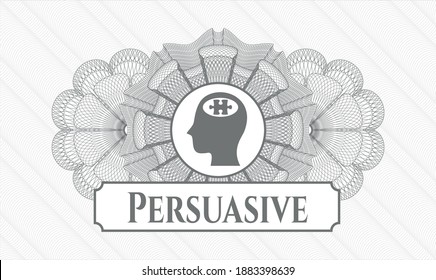 Grey passport emblem. Vector Illustration. Detailed with head with jigsaw puzzle piece icon and Persuasive text inside