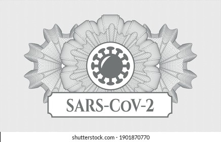 Graues Passemblem. Vektorgrafik. Detaillierte Angaben mit dem Coronavirus-Symbol und SARS-CoV-2-Text innerhalb