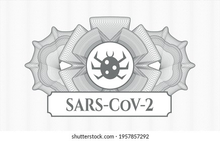 Grey passport emblem. Vector Illustration. Detailed with bug icon and SARS-CoV-2 text inside