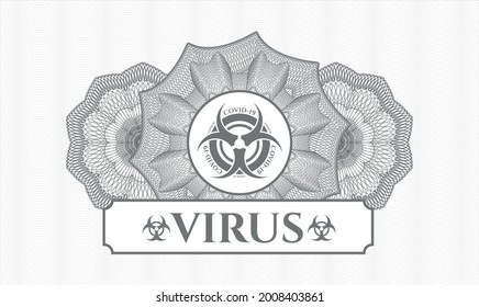 Grey passport emblem. Vector Illustration. Detailed with biohazard covid-19 icon and Virus text inside