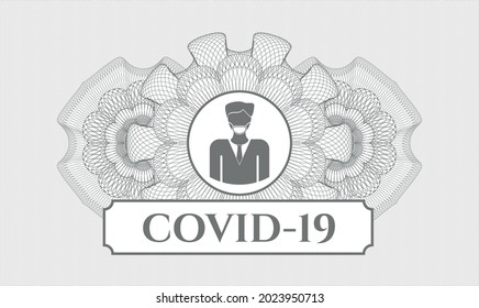 Graues Passemblem. Vektorgrafik. Detaillierte Angaben mit dem Mann mit Gesichtsmaske-Symbol und COVID-19-Text innen