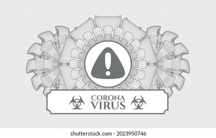 Graues Passemblem. Vektorgrafik. Detaillierte Angaben mit dem Warnsymbol und dem Text von Coronavirus