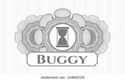 Grey passport emblem. Vector Illustration. Detailed with hourglass icon and Buggy text inside