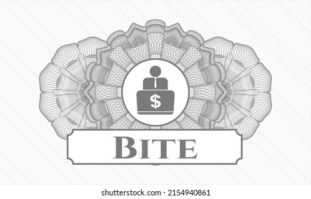Emblema gris del pasaporte. Ilustración vectorial. Detallado con el hombre trabajando en el icono de la computadora y el texto de Bite dentro