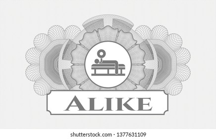 Grey passport money rosette with bench press icon and Alike text inside