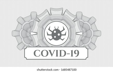 Grey passport money rosette with bug icon and COVID-19 text inside