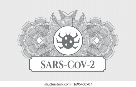 Grey passport money rosette with bug icon and SARS-CoV-2 text inside