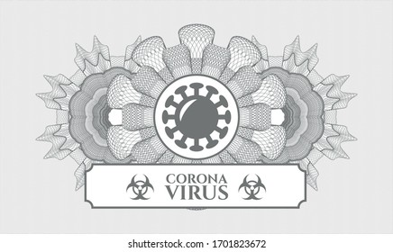 Grey passport money rosette with coronavirus icon and Coronavirus text inside