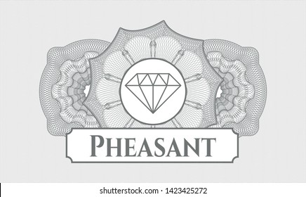 Grey passport money rosette with diamond icon and Pheasant text inside