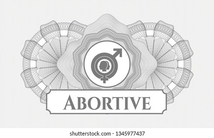 Grey passport money rosette with gender dysphoria icon and Abortive text inside
