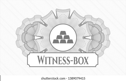 Grey passport money rosette with gold bullion icon and Witness-box text inside