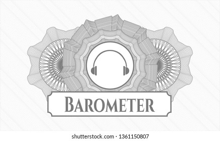 Grey Passport Money Rosette With Headphones Icon And Barometer Text Inside