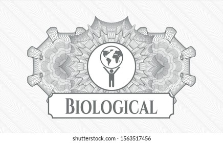 Grey passport money rosette with man lifting world icon and Biological text inside
