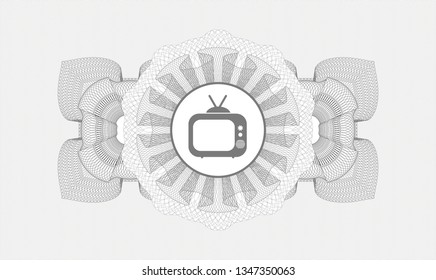 Grey passport money rosette with old tv, television icon inside