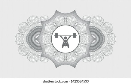 Grey passport money rosette with snatch, weightlifting icon inside